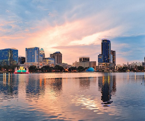 Central Florida skyline at sunset over Lake Eola in Orlando